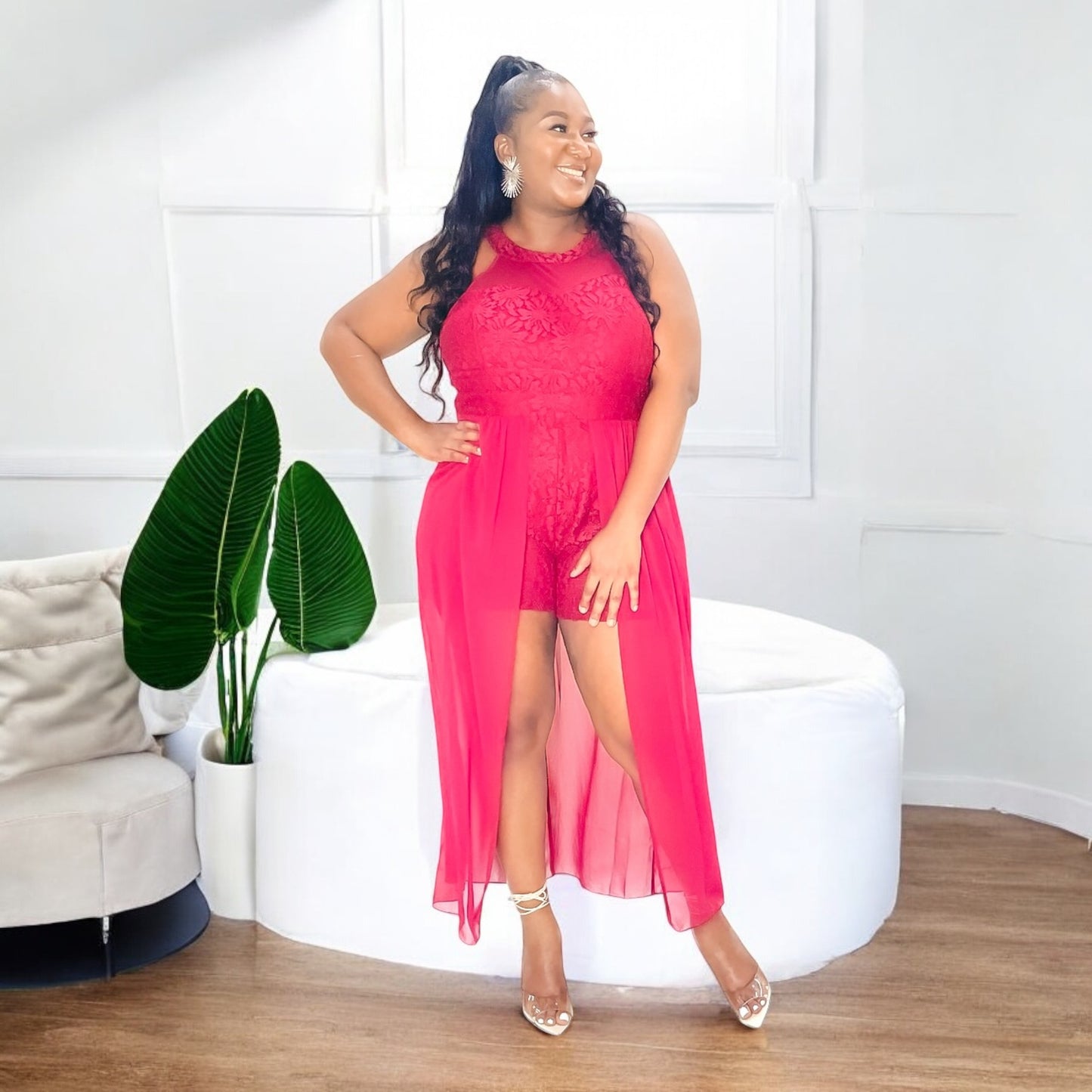 Luxe Lace Cape Romper - Red Temptation