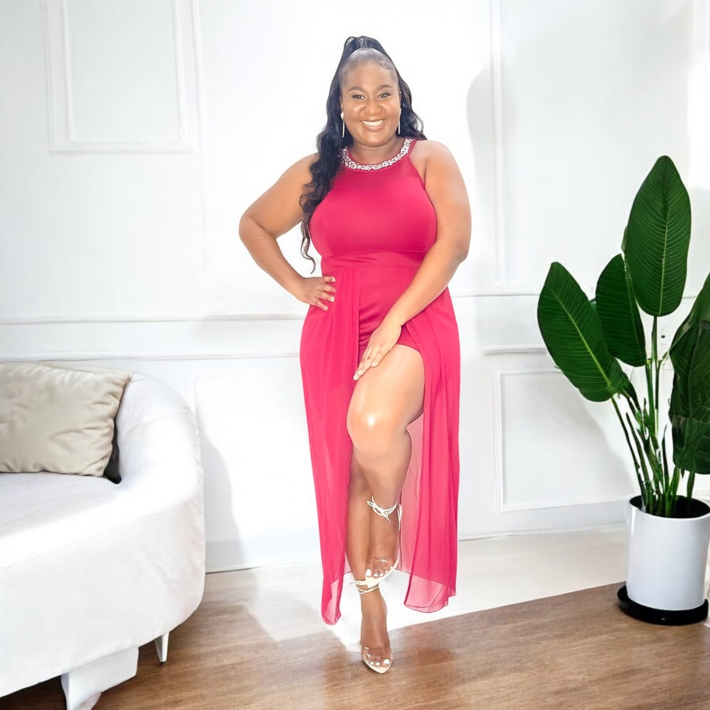 Glam Allure Cape Romper - Ruby Red