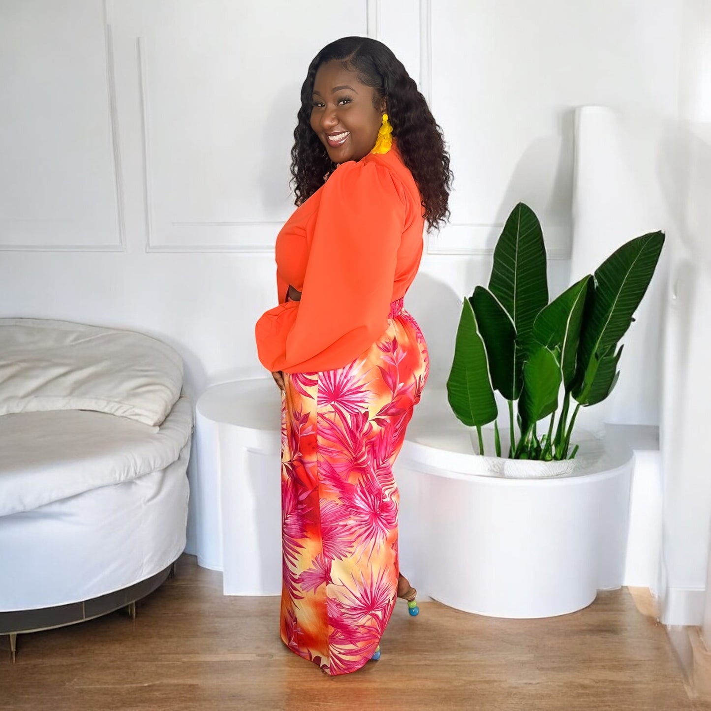 Island Sunset Slit Skirt – Coral & Palm Print