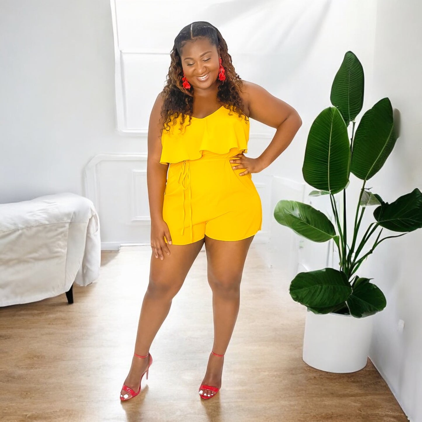 Golden Glow Ruffle Romper – Marigold