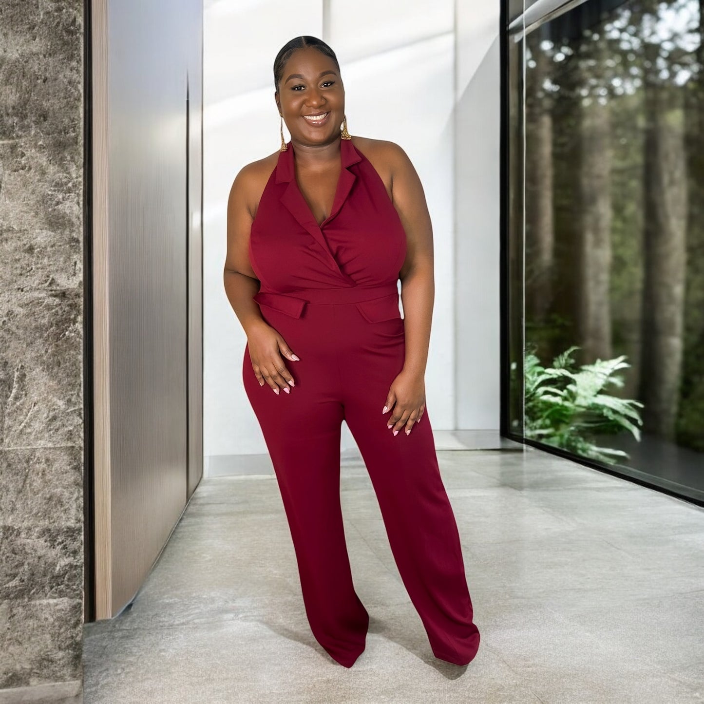 Boss Babe Halter Jumpsuit – Wine Red