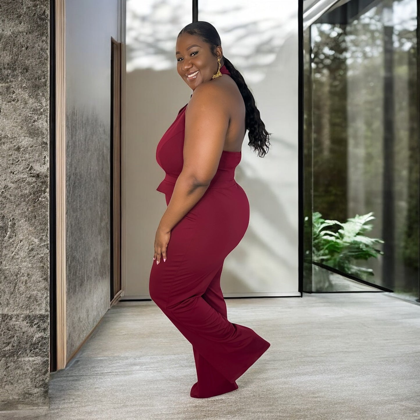 Boss Babe Halter Jumpsuit – Wine Red