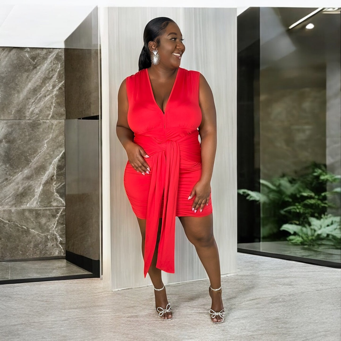 Red Tie Front Bodycon Dress