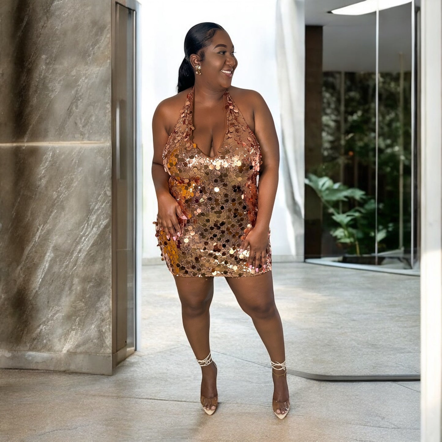 Bronze Baddie Sequin Halter Dress – Copper