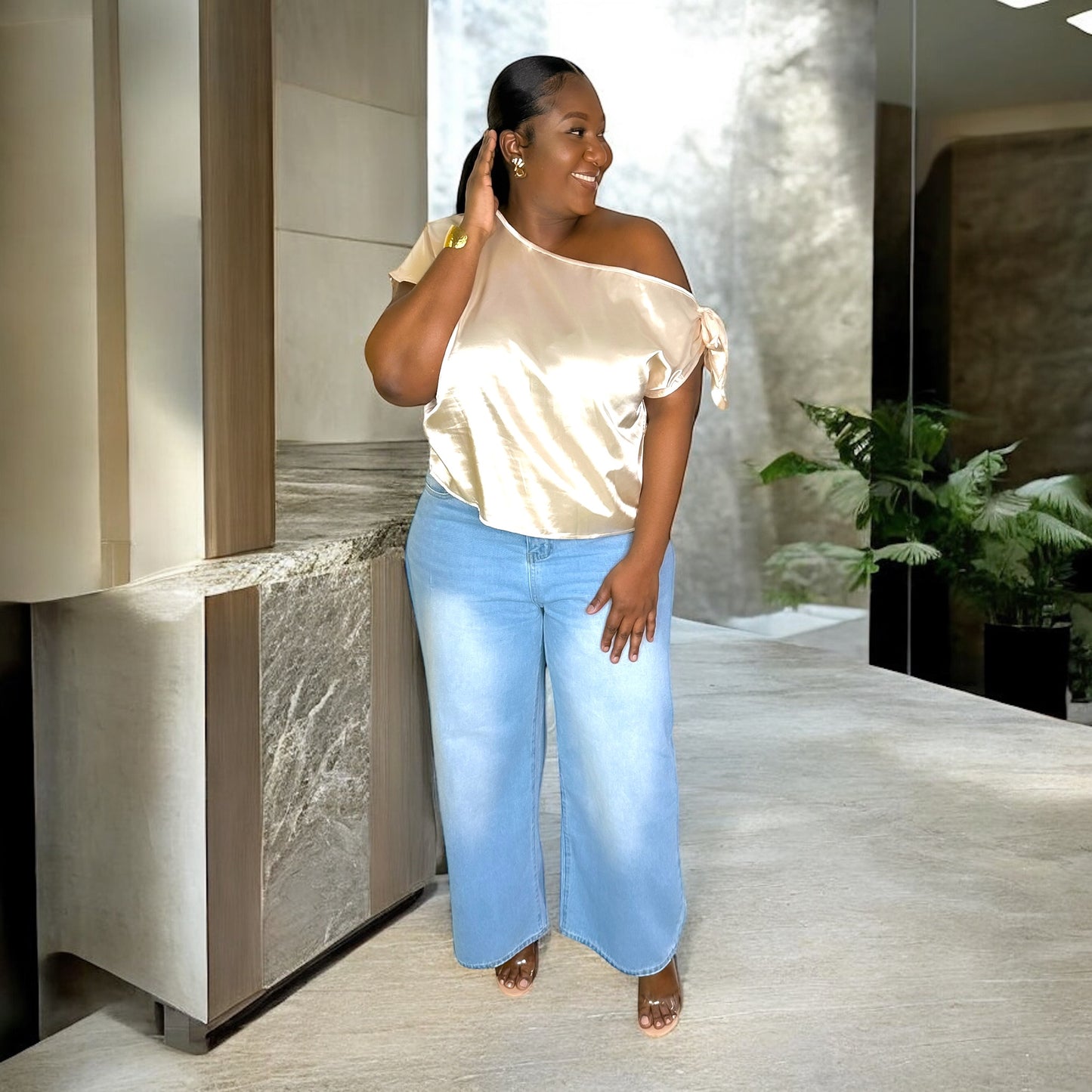 Champagne Kiss Satin Blouse – Off Shoulder