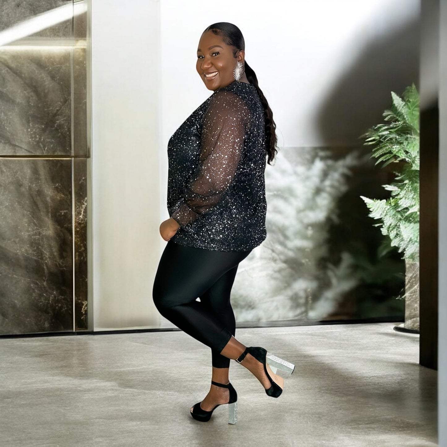 Starry Sparkle Sheer Sleeve Blouse - Black