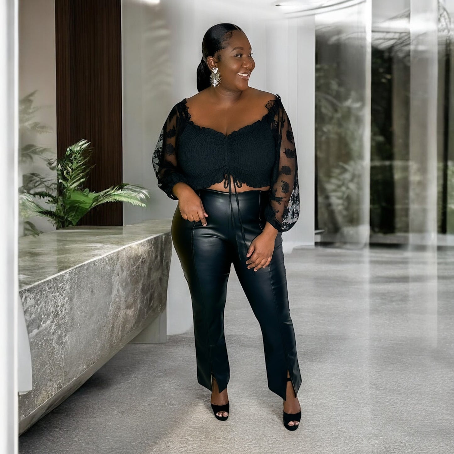 Lace Sleeve Ruched Crop Top
