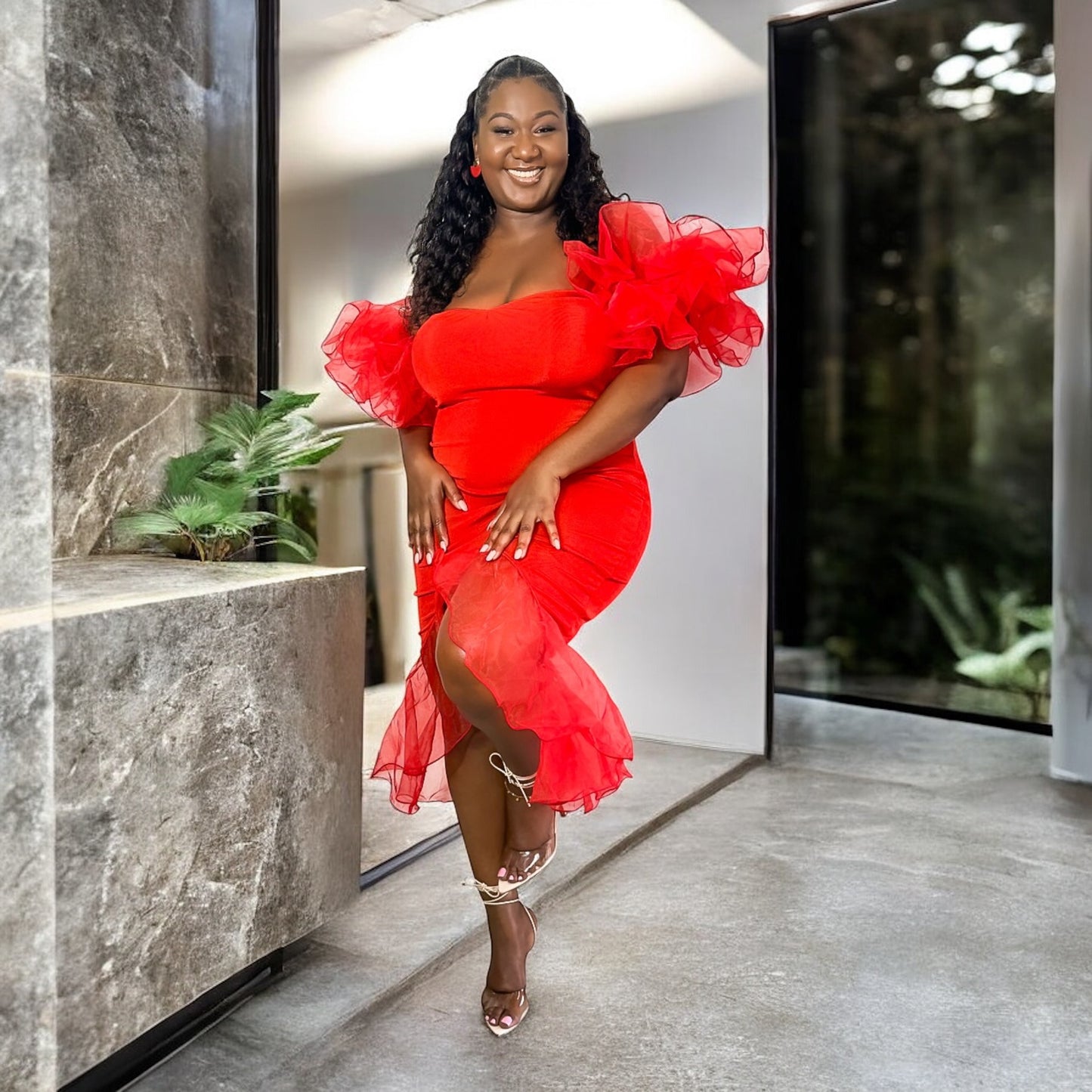 Red Organza Ruffle Dress