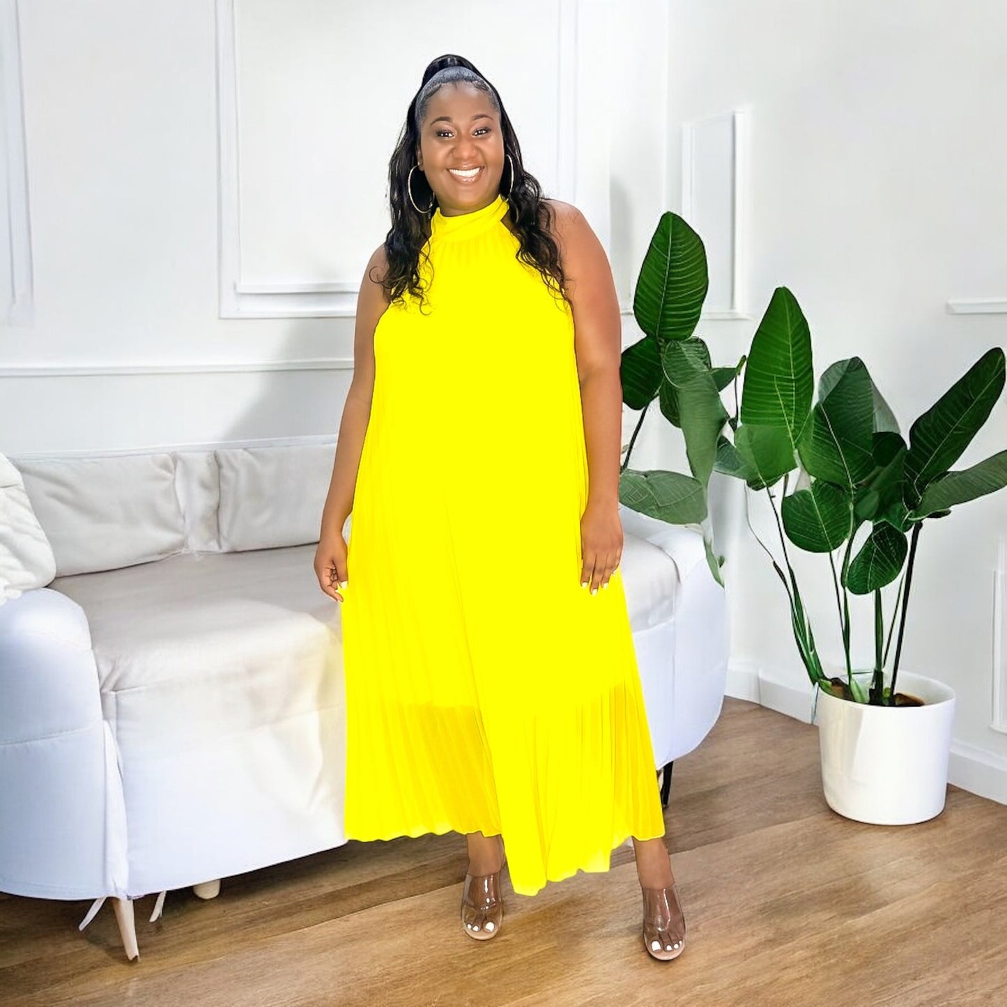 Sunshine Pleated Halter Maxi Dress