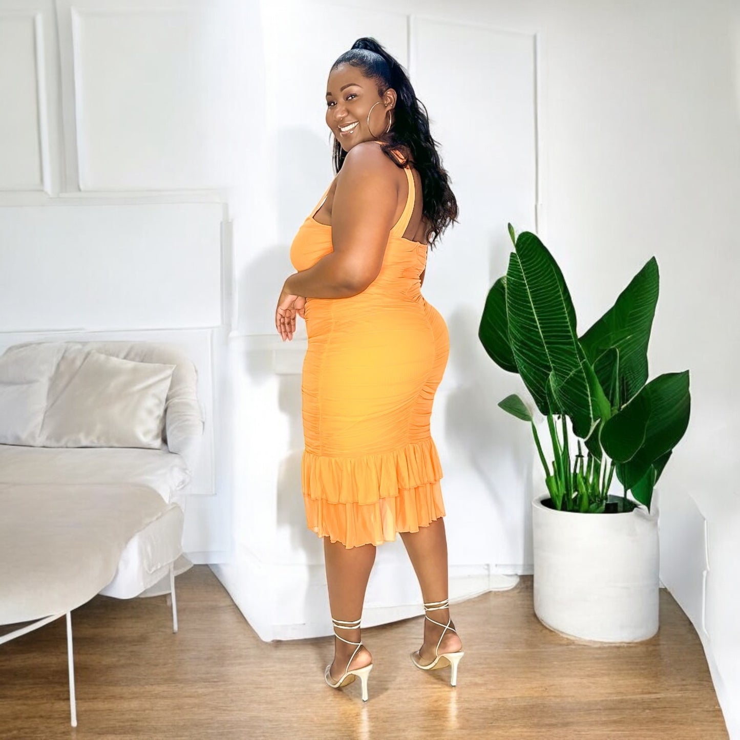 Orange Ruffle Mesh Midi Dress