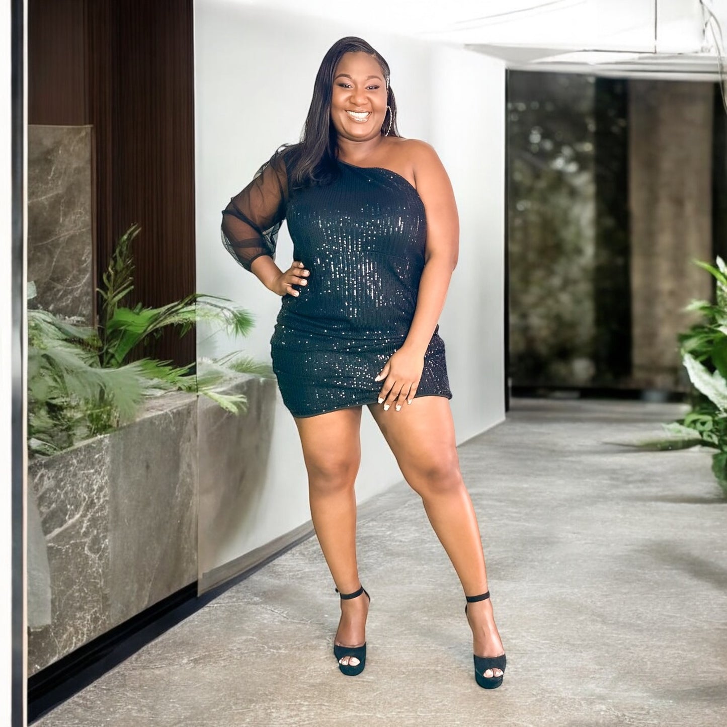Noir Spark One-Sleeve Mini Dress