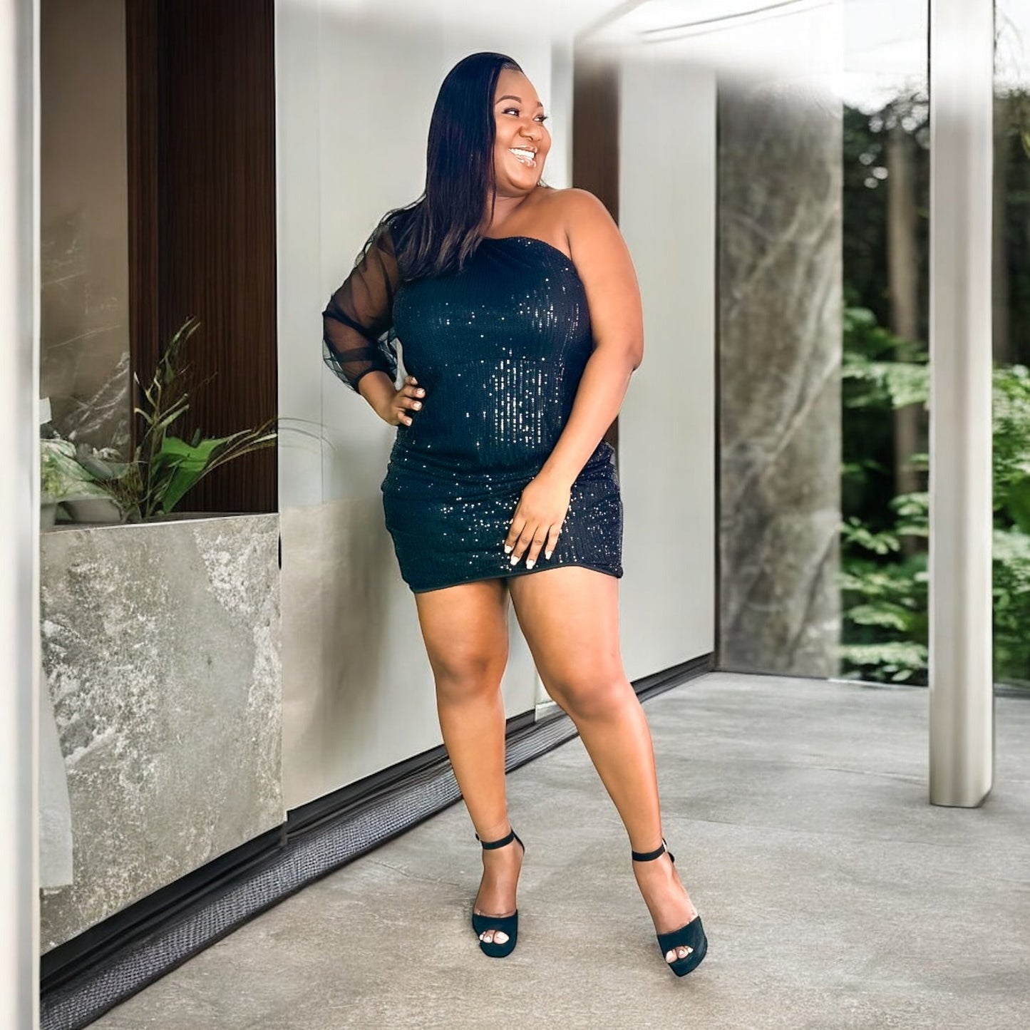 Noir Spark One-Sleeve Mini Dress