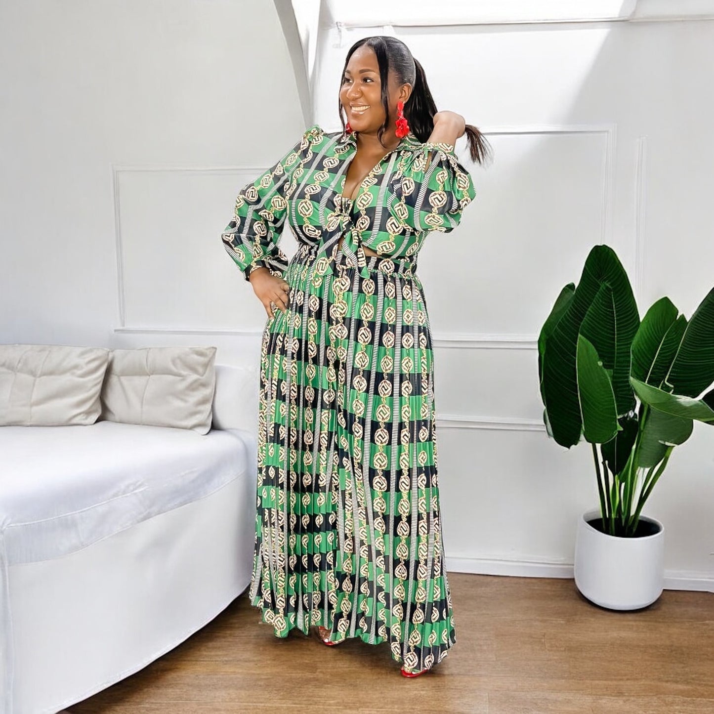 Geo Luxe Pleated Jumper – Green Print