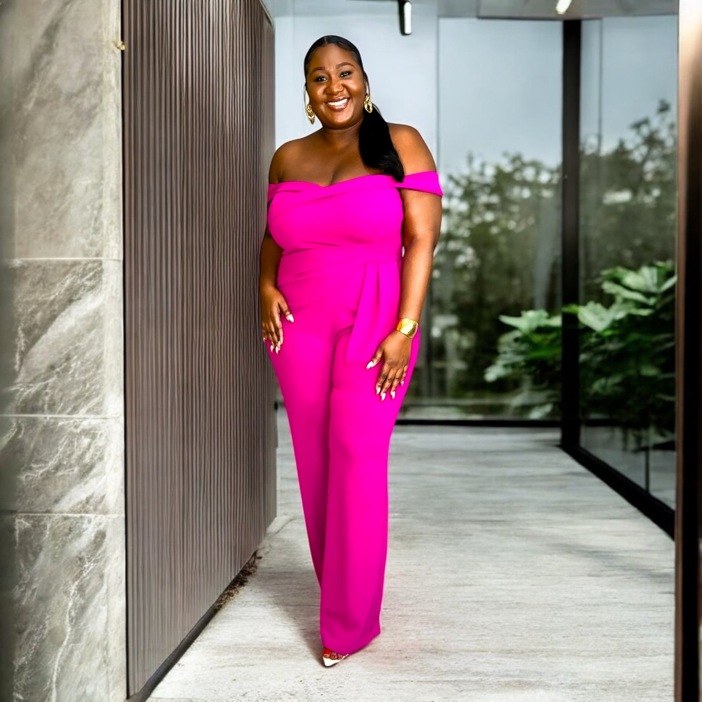 “Elegance Off-the-Shoulder Jumpsuit – Hot Magenta