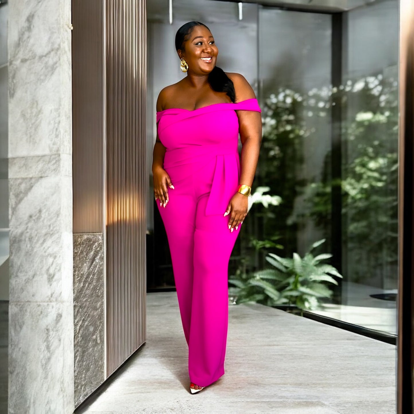 “Elegance Off-the-Shoulder Jumpsuit – Hot Magenta