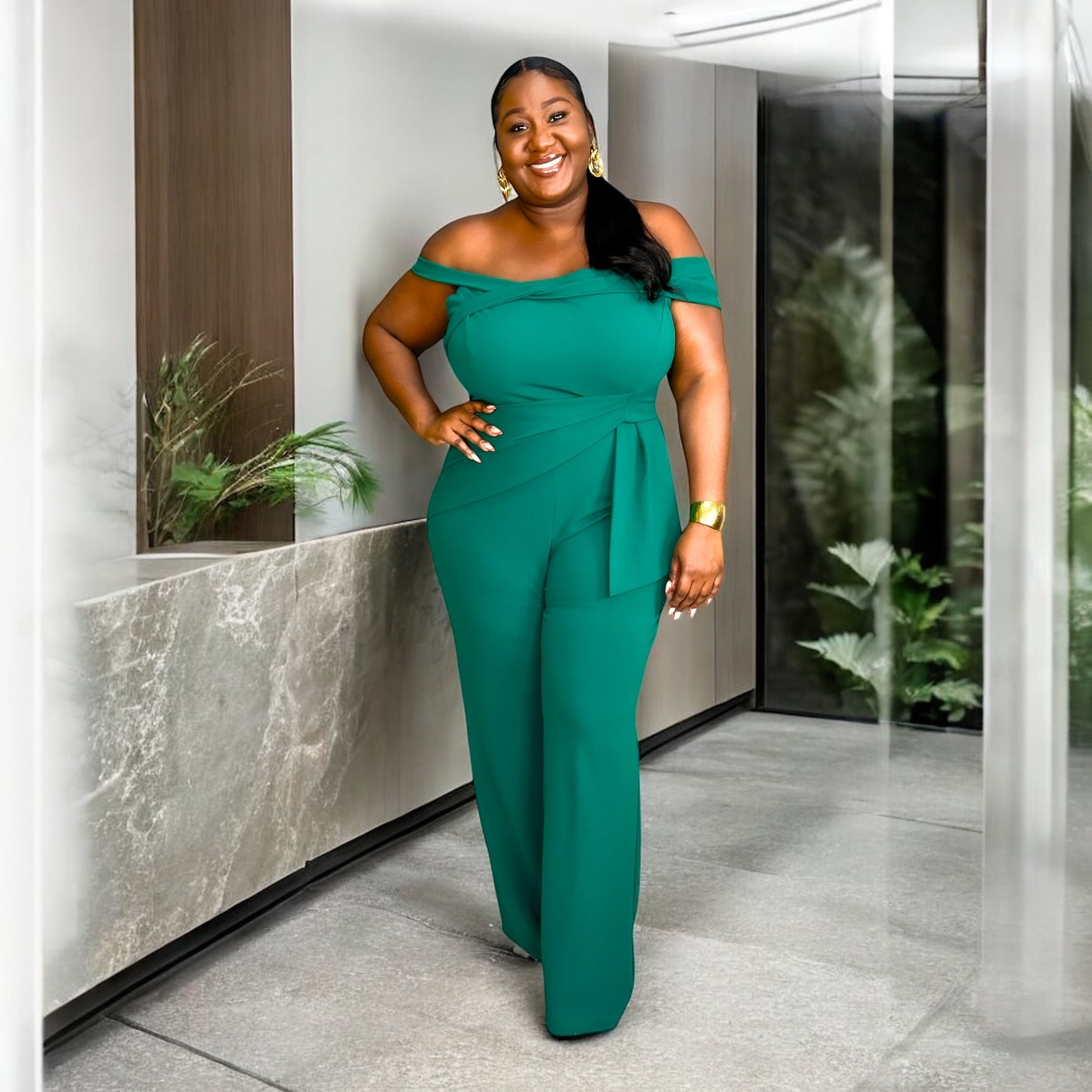 “Elegance Off-the-Shoulder Jumpsuit –Emerald”