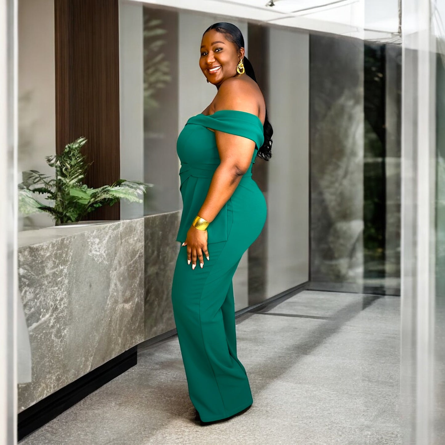 “Elegance Off-the-Shoulder Jumpsuit –Emerald”