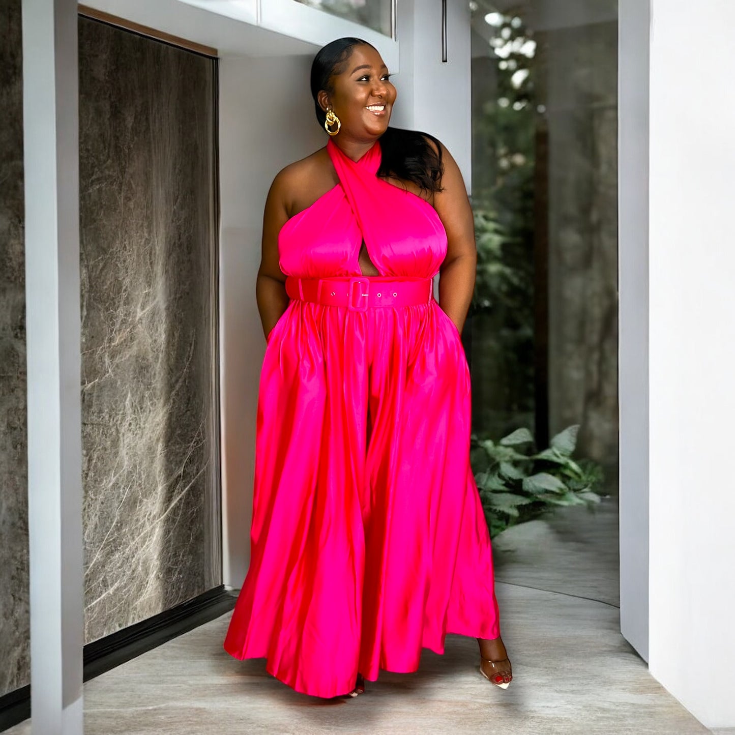 Satin Statement Halter Jumpsuit – Fuchsia Luxe