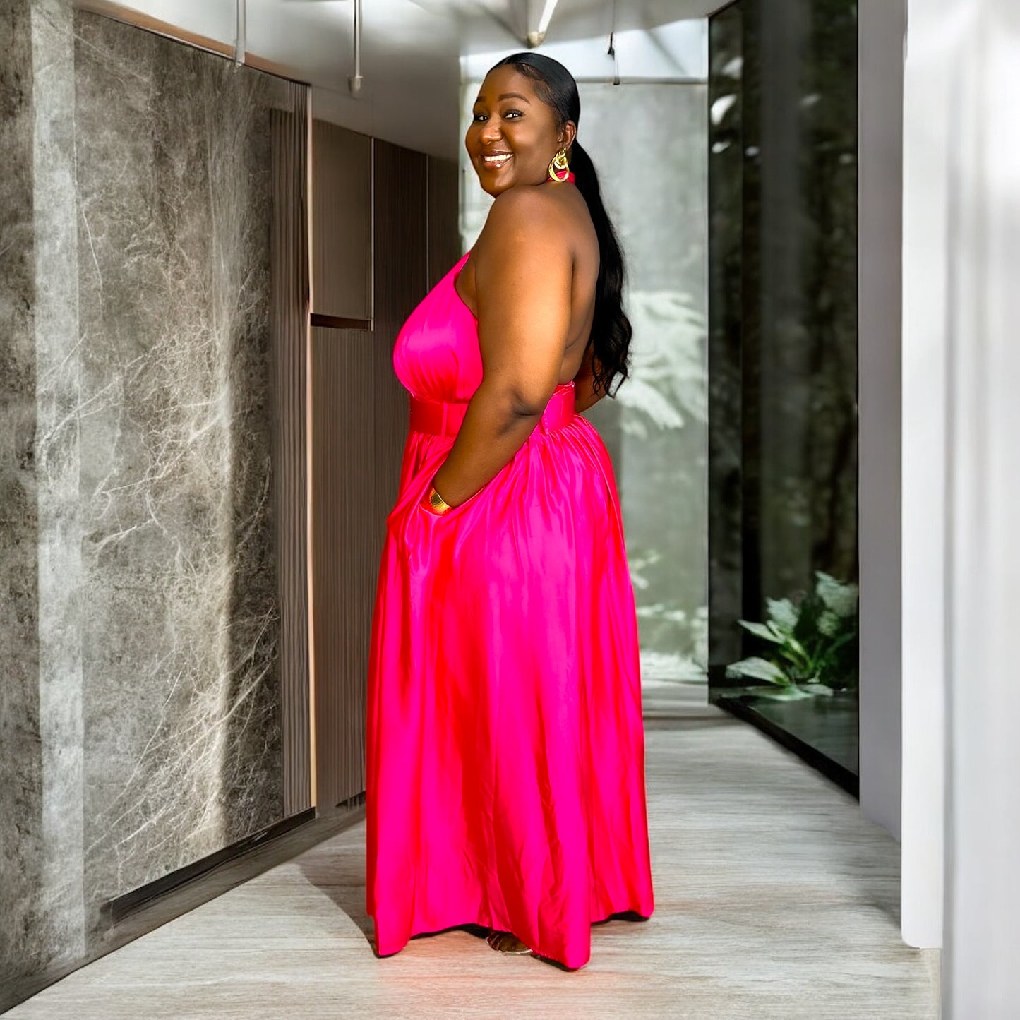 Satin Statement Halter Jumpsuit – Fuchsia Luxe