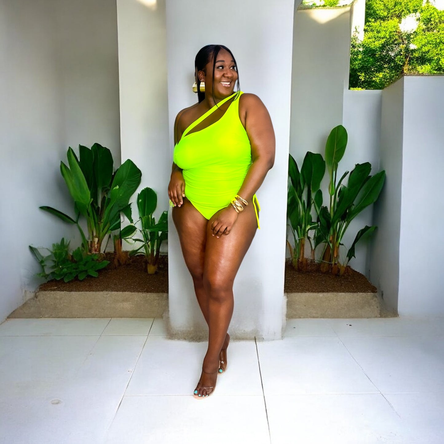 Neon Wave One-Shoulder Swimsuit