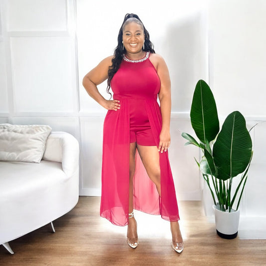 Glam Allure Cape Romper - Ruby Red