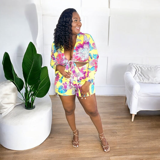 Island Bloom Bodycon Romper – Yellow Floral