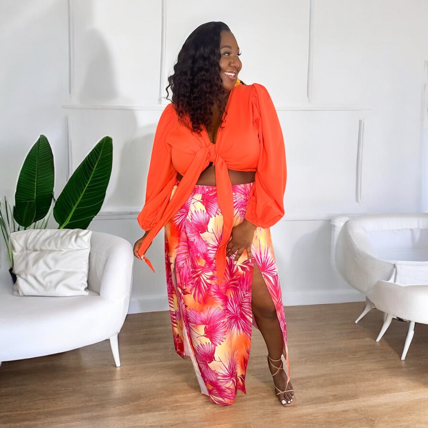 Island Sunset Slit Skirt – Coral & Palm Print