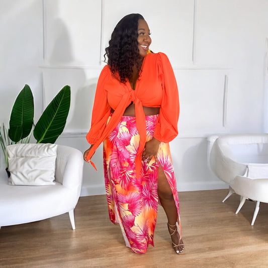Island Sunset Slit Skirt – Coral & Palm Print