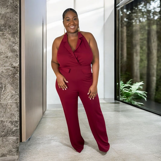 Boss Babe Halter Jumpsuit – Wine Red