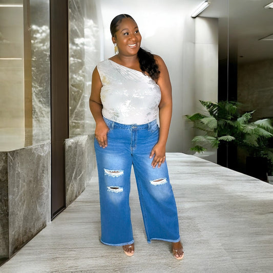 Rebel Curve Distressed Wide-Leg Jeans