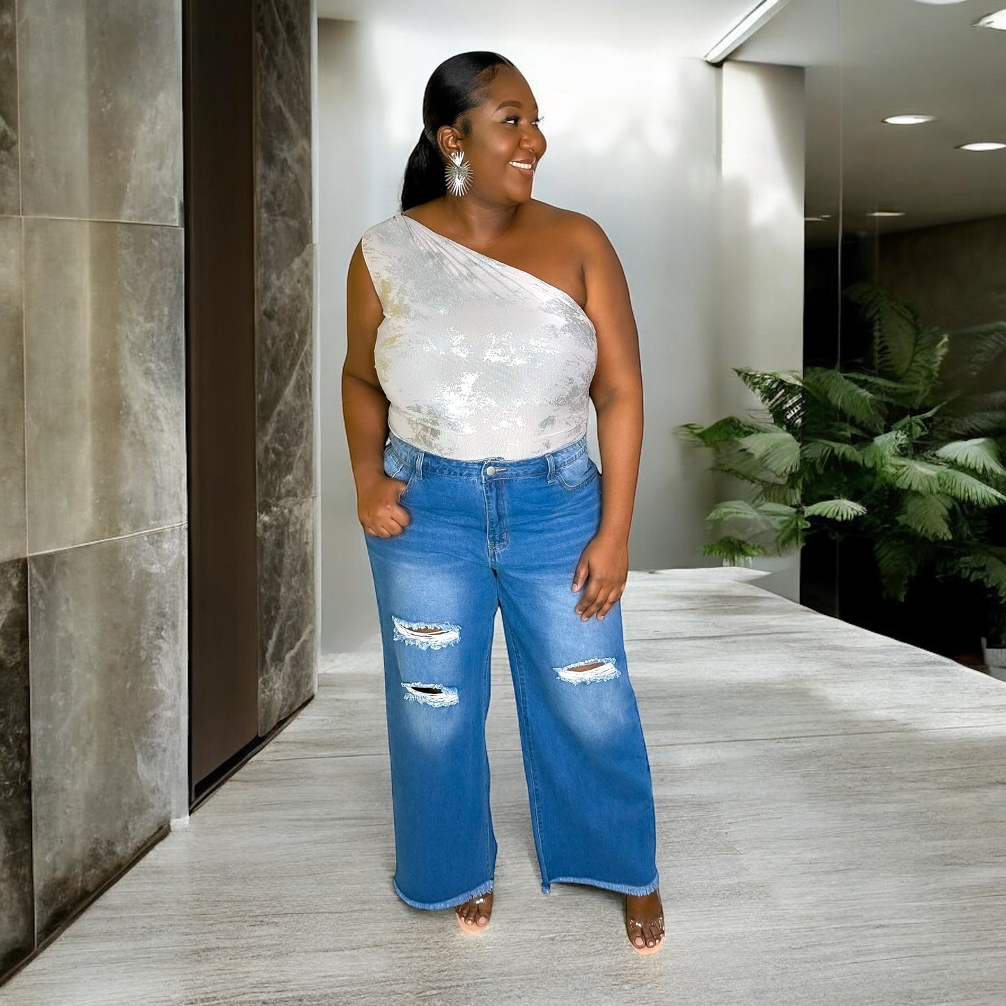 Rebel Curve Distressed Wide-Leg Jeans