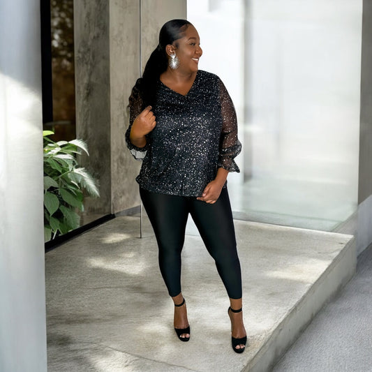 Starry Sparkle Sheer Sleeve Blouse - Black
