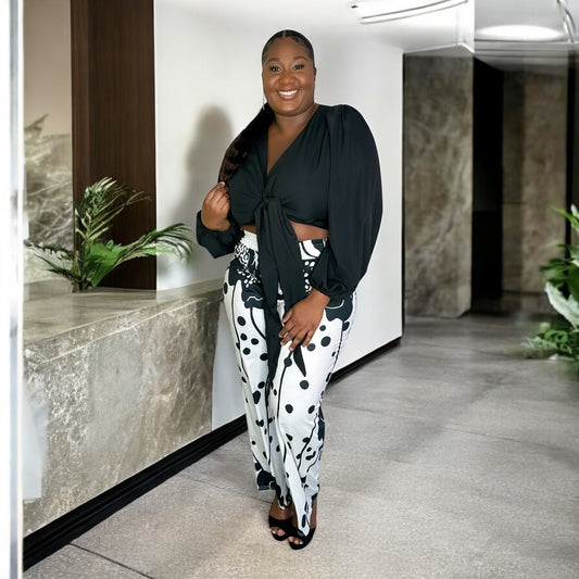 Floral Print Wide Leg Pants-Black & White