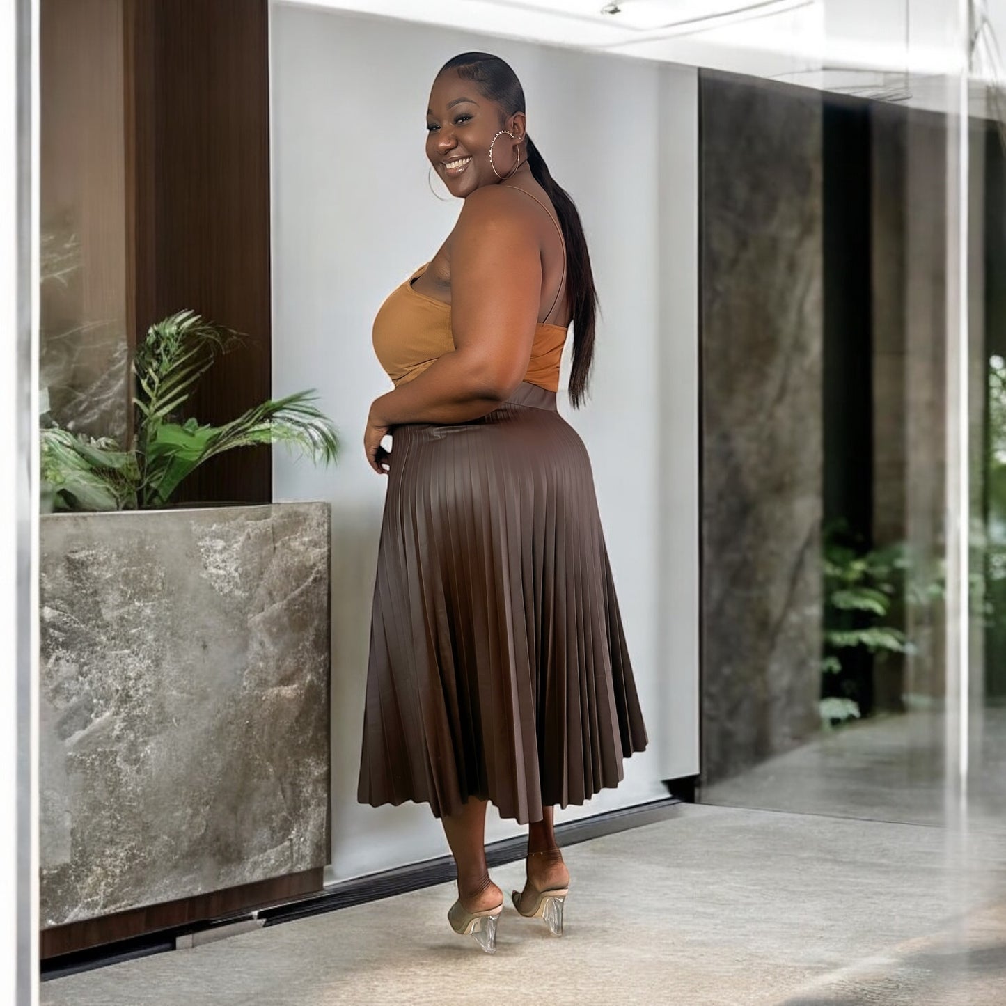 Pleated Faux Leather Midi Skirt