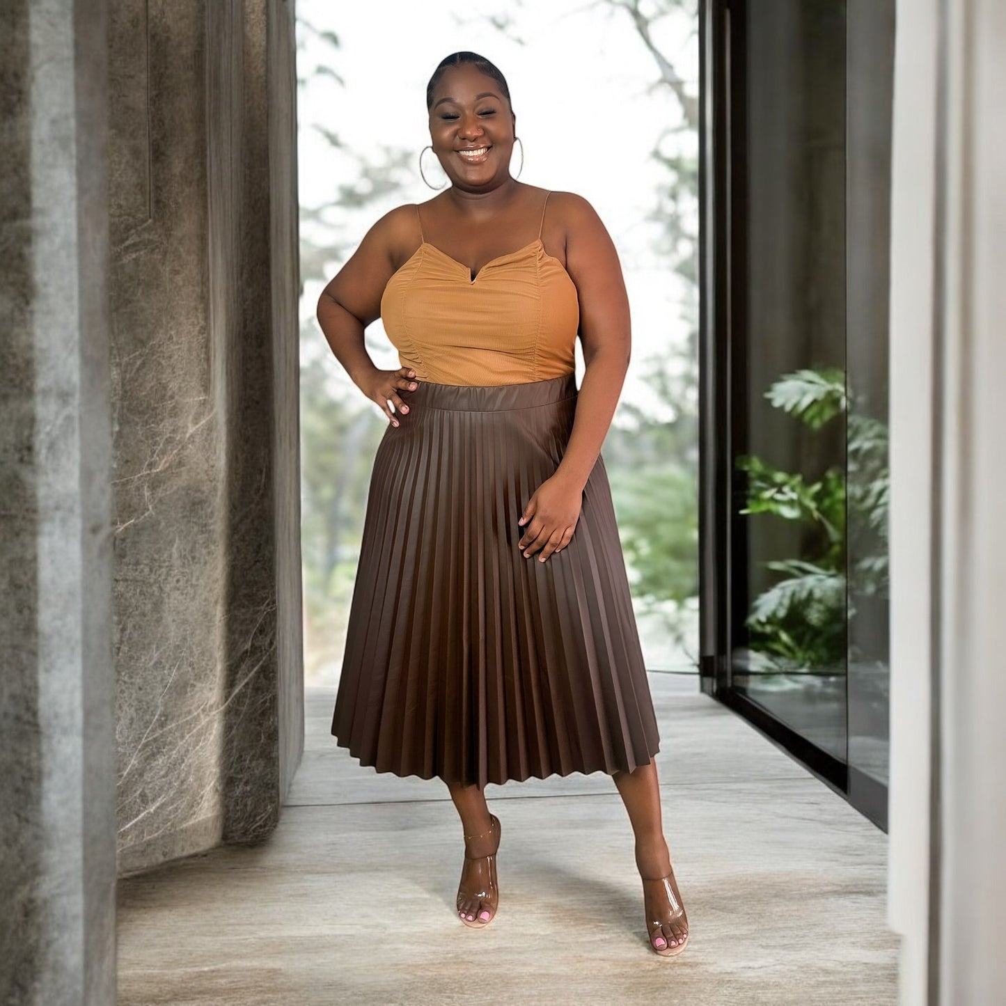 Pleated Faux Leather Midi Skirt