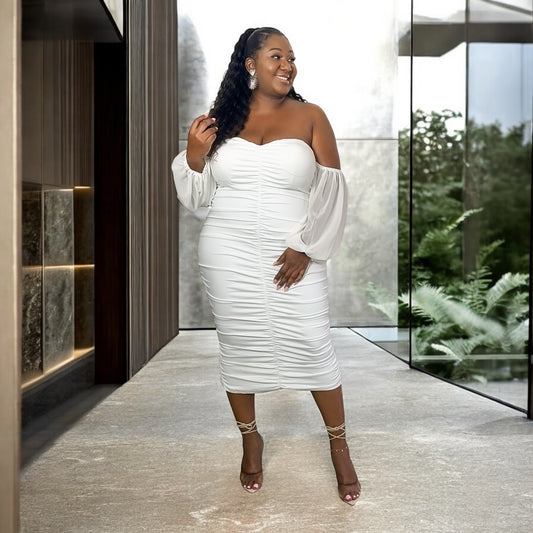 White Off-Shoulder Ruched Midi Dress