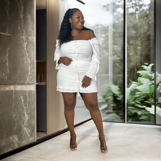 White Off-Shoulder Ruffle Mini Dress