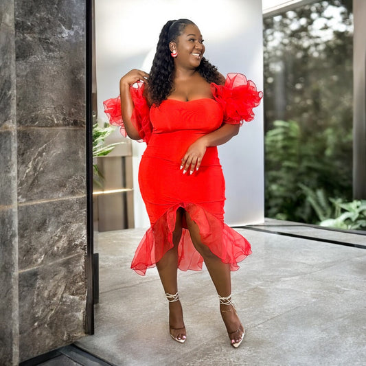 Red Organza Ruffle Dress