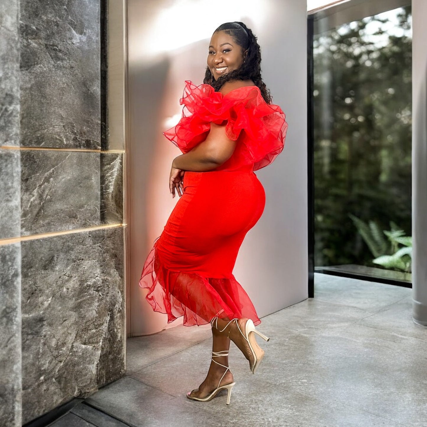 Red Organza Ruffle Dress