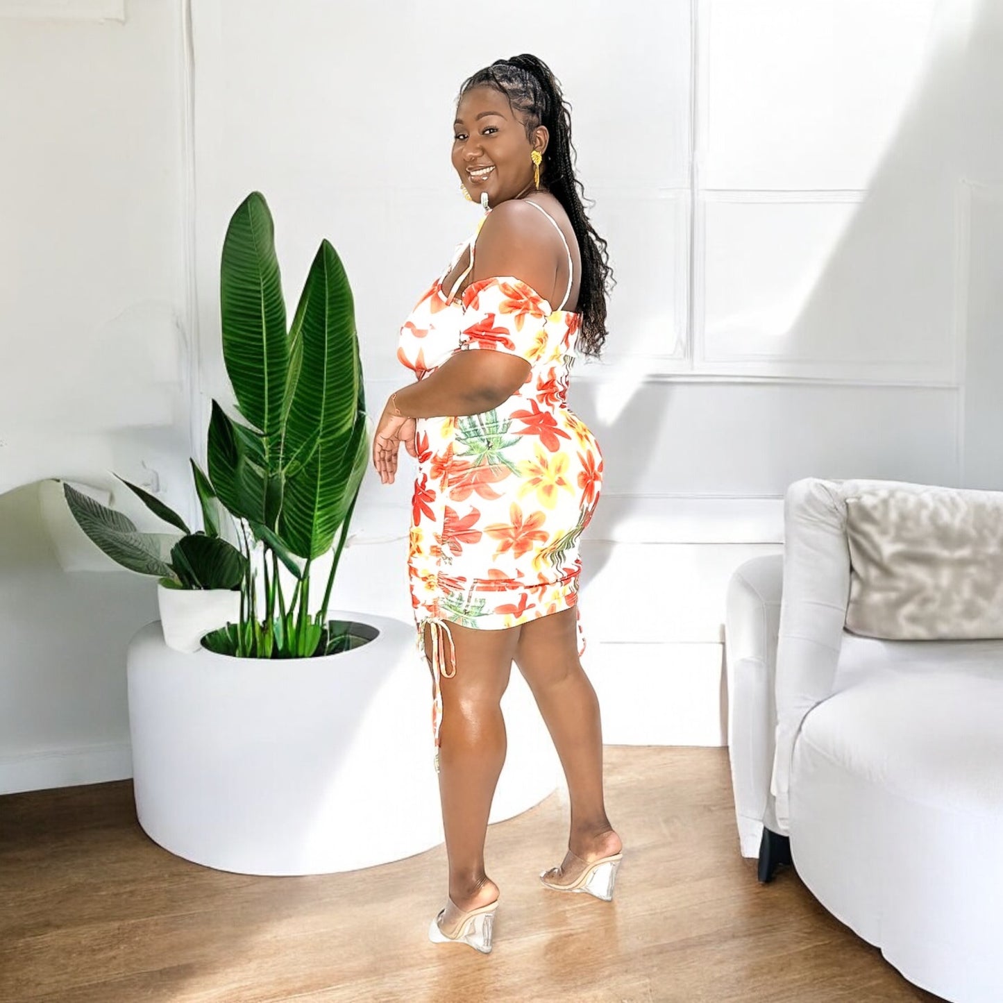Tropical Bloom Ruched Mini Dress