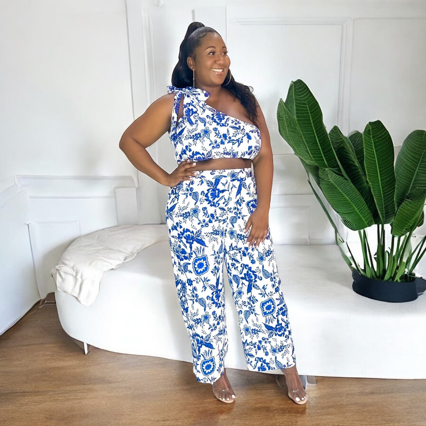 Blue & White One-Shoulder Floral Pant Set