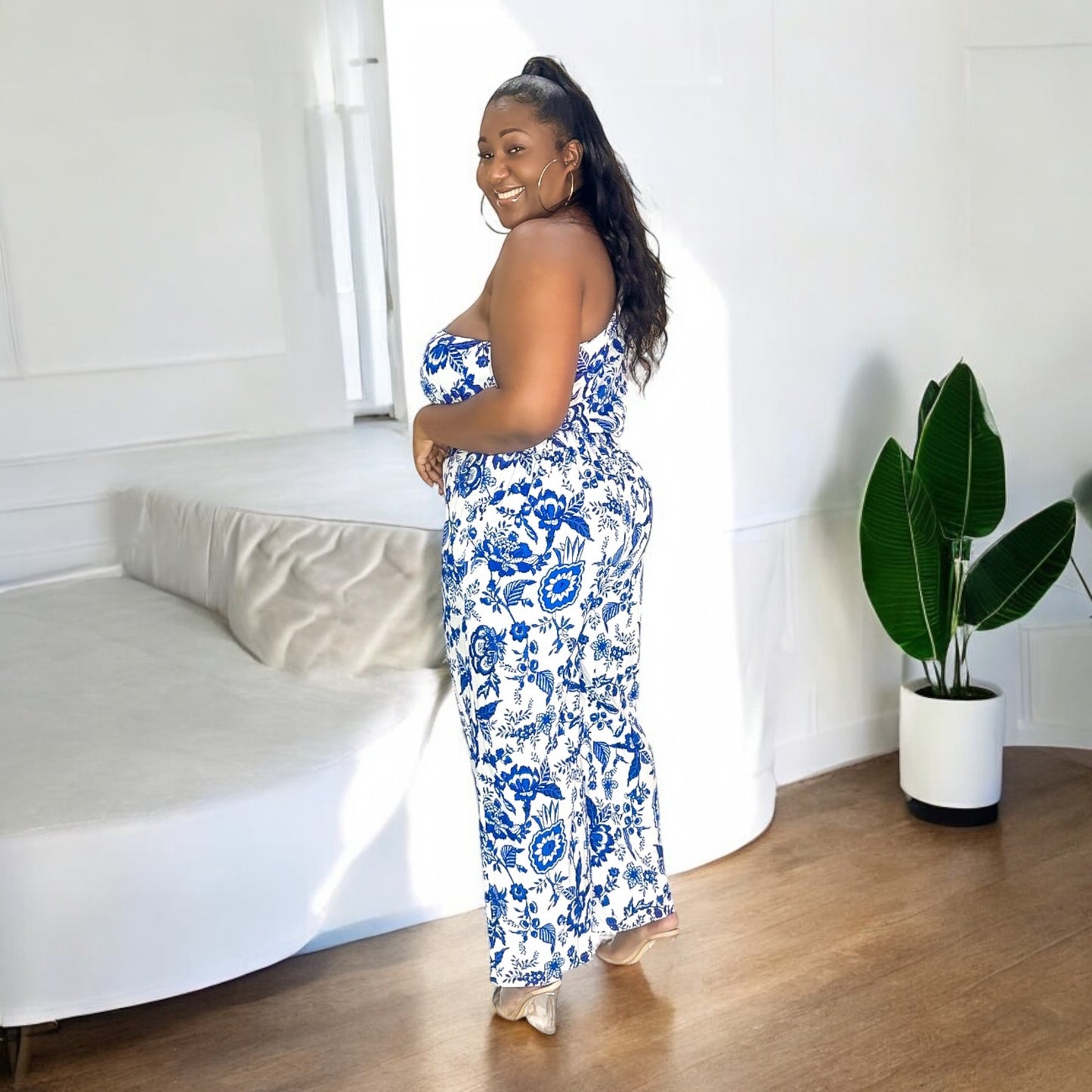Blue & White One-Shoulder Floral Pant Set