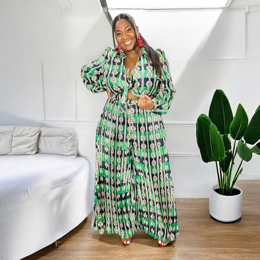Geo Luxe Pleated Jumper – Green Print