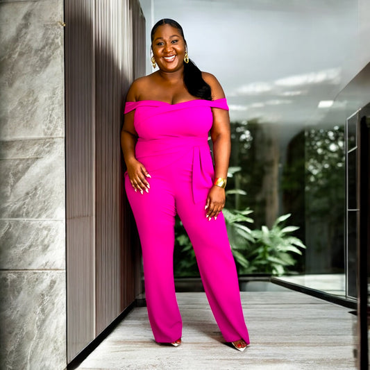 “Elegance Off-the-Shoulder Jumpsuit – Hot Magenta