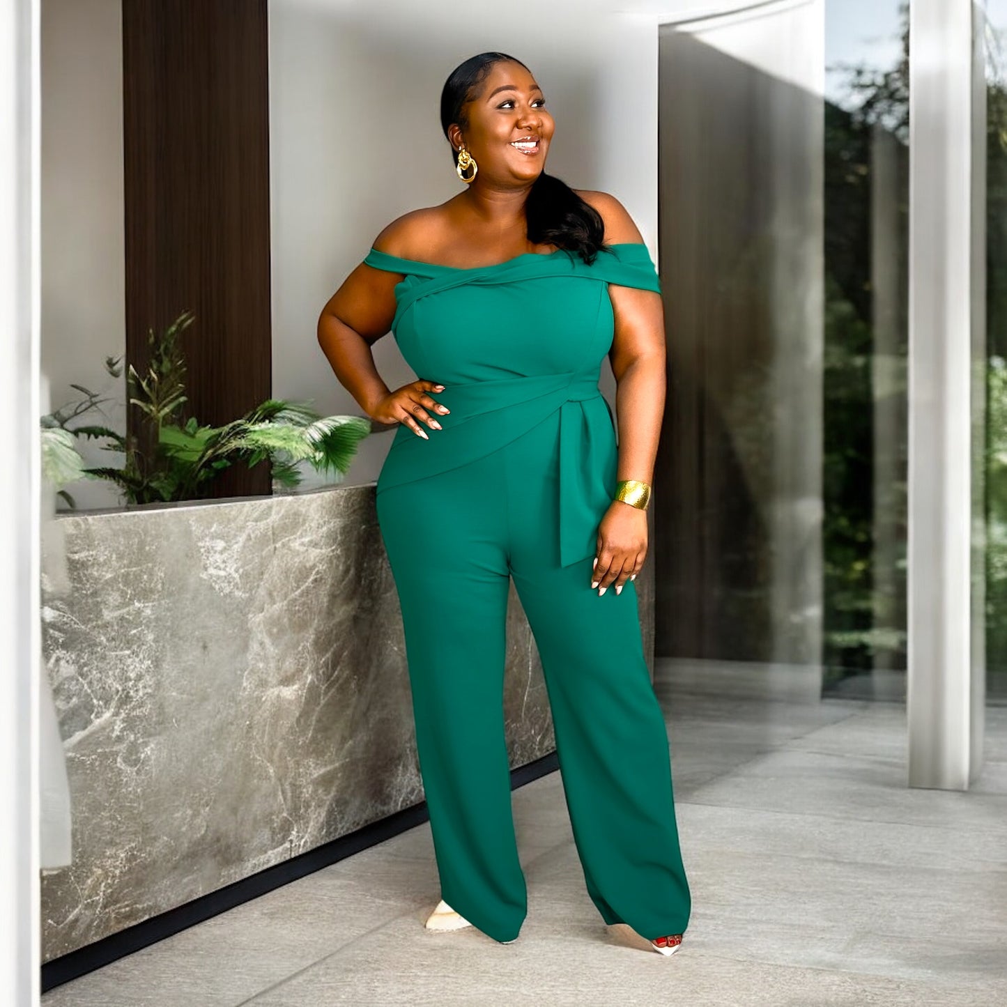 “Elegance Off-the-Shoulder Jumpsuit –Emerald”