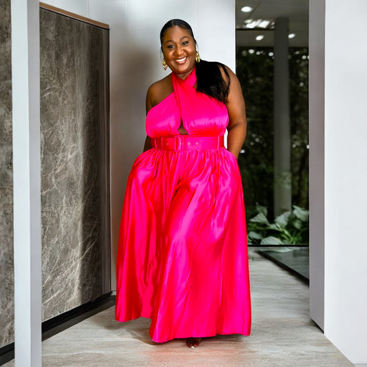 Satin Statement Halter Jumpsuit – Fuchsia Luxe