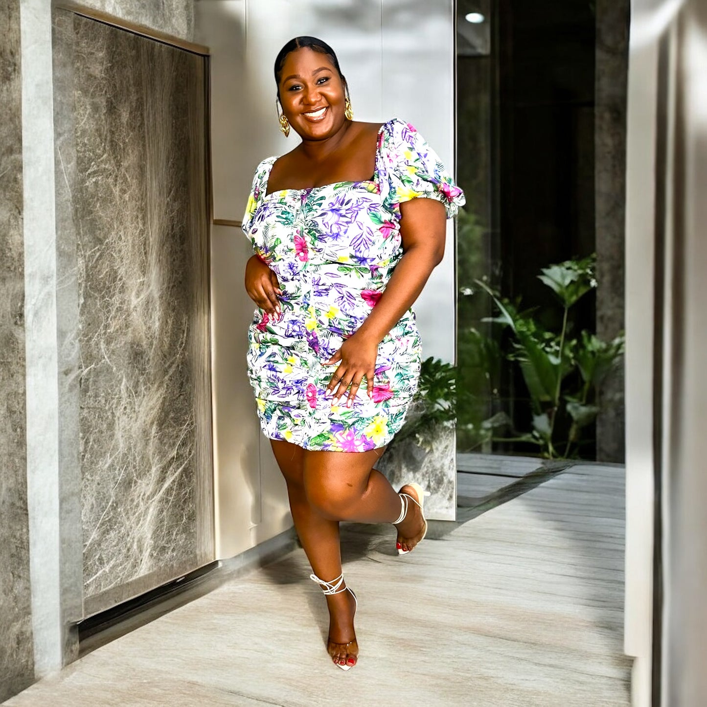 Island Bloom Puff Sleeve Mini Dress