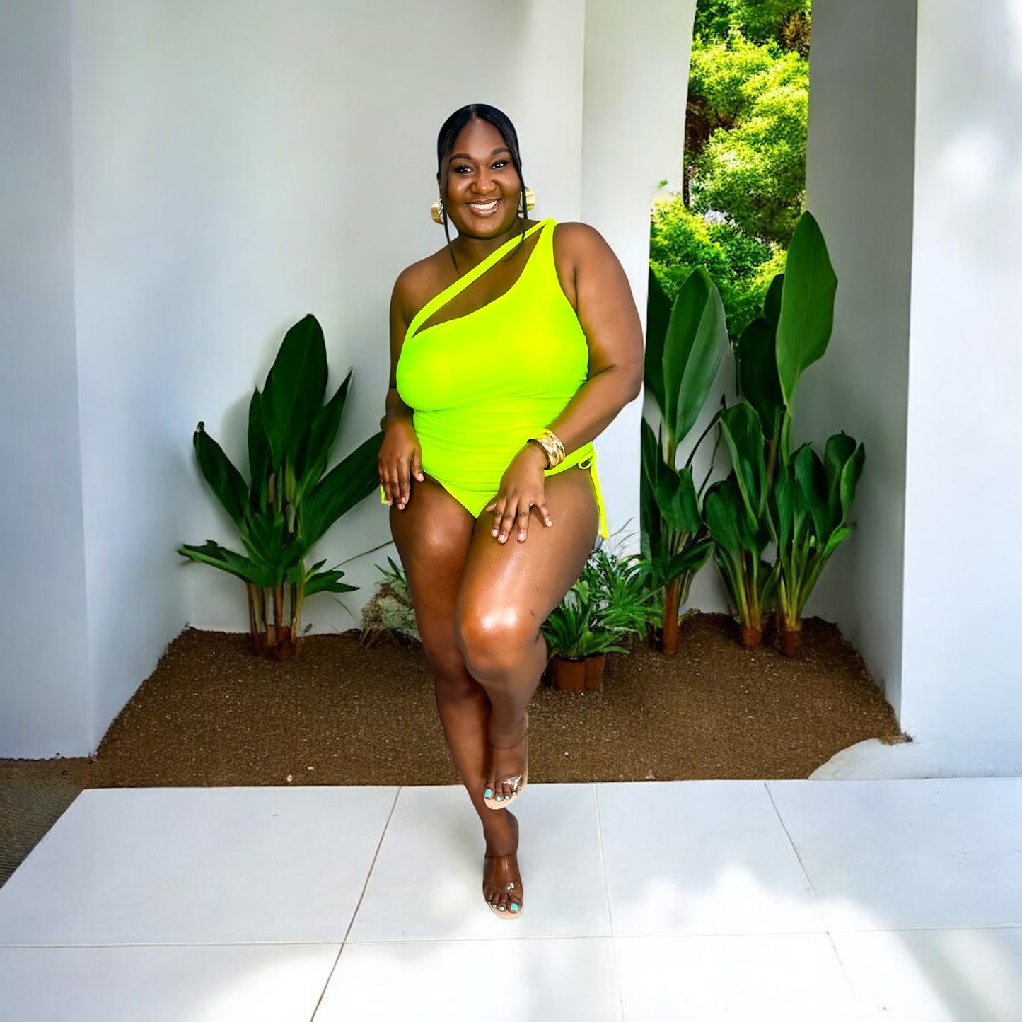 Neon Wave One-Shoulder Swimsuit