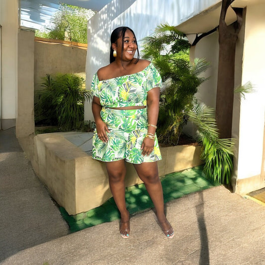 Tropical Paradise Off Shoulder Shirts Set – Green